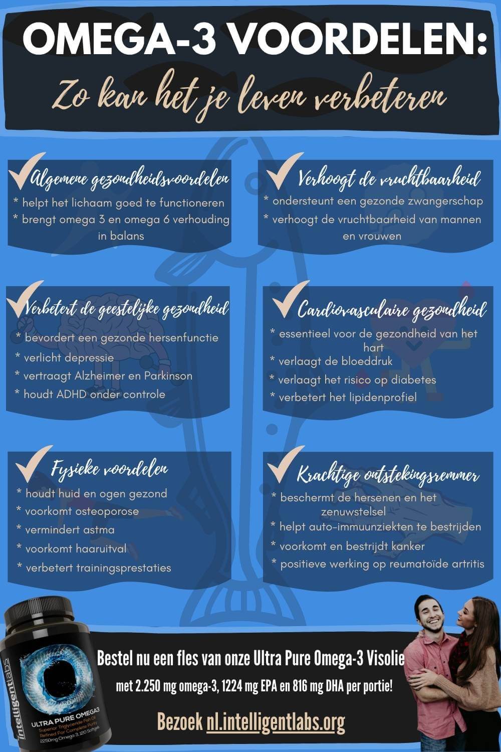 infographic over 24 omega-3 voordelen voor een gezond en gelukkig leven