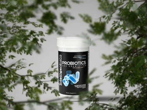 flacon de probiotiques pour adultes avec des plantes
