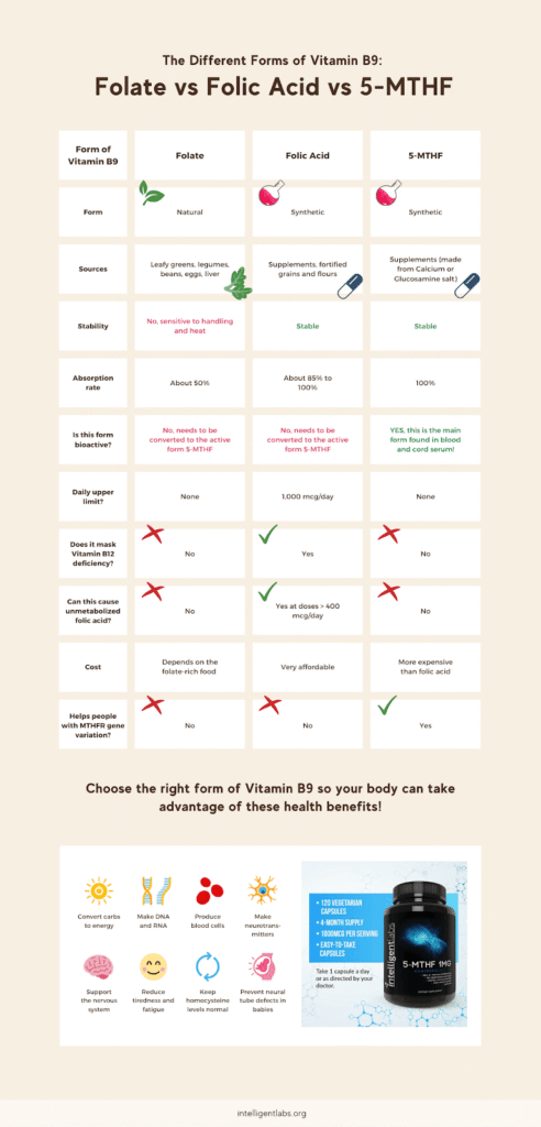 skirtingos vitamino B9 formos: folatas, folio rūgštis ir 5-mthf